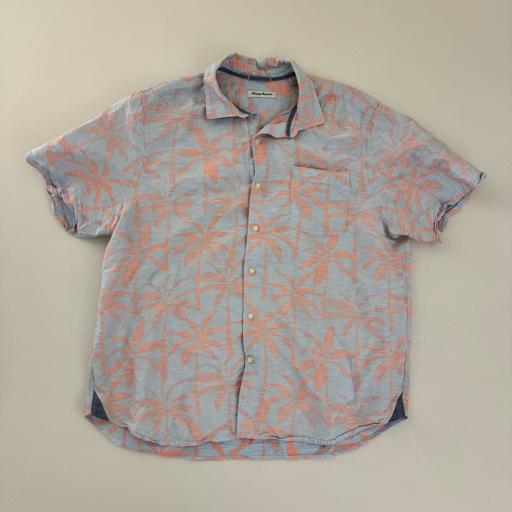 Light Blue Pink Palm Print Tommy Bahama SS XL Men’s Button Shirt Short Sleeve XL